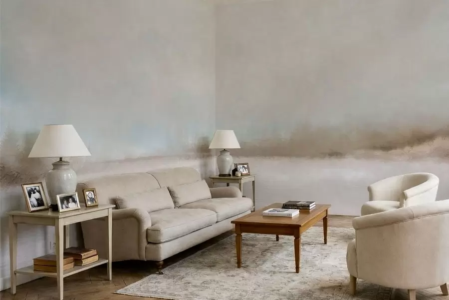 Fototapete Nebelverhangene Landschaft mit See und Wald w05319