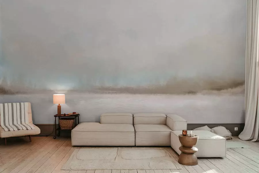 Fototapete Nebelverhangene Landschaft mit See und Wald w05319