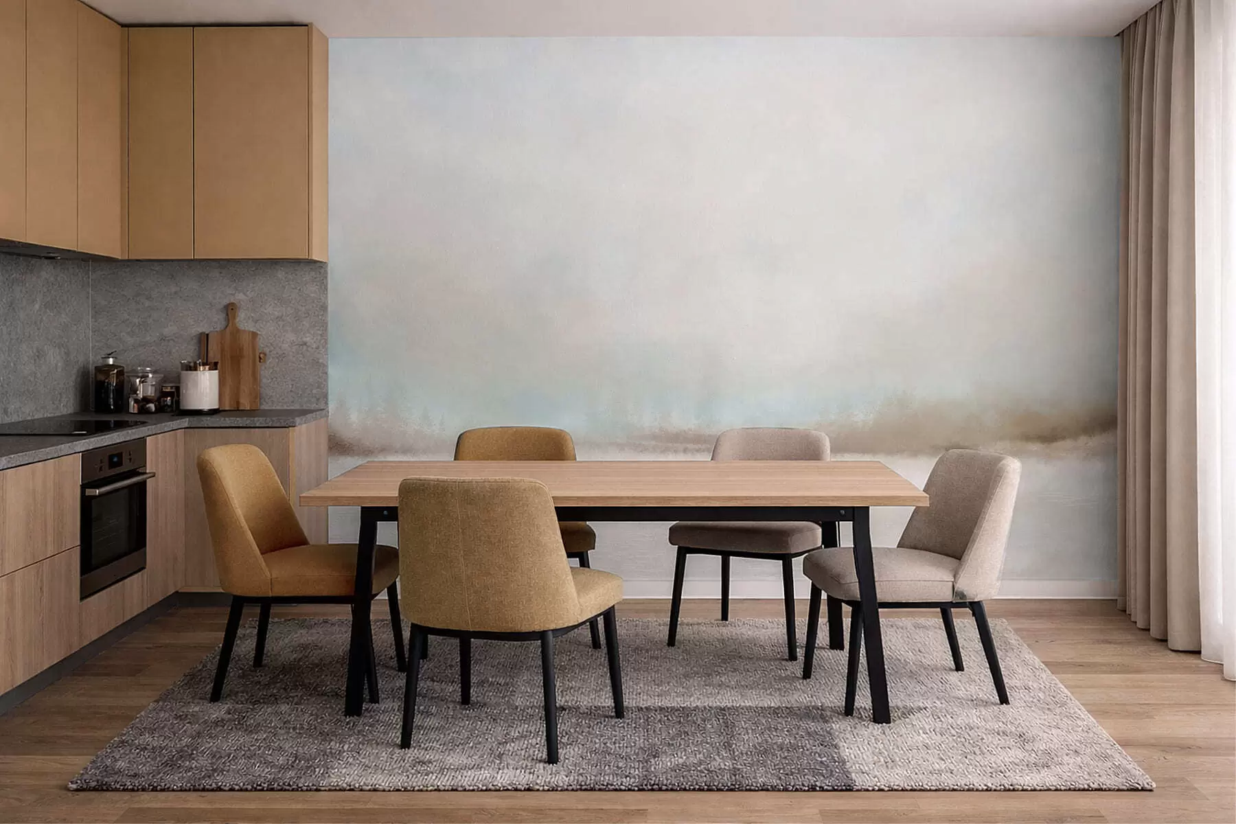 Fototapete Nebelverhangene Landschaft mit See und Wald w05319