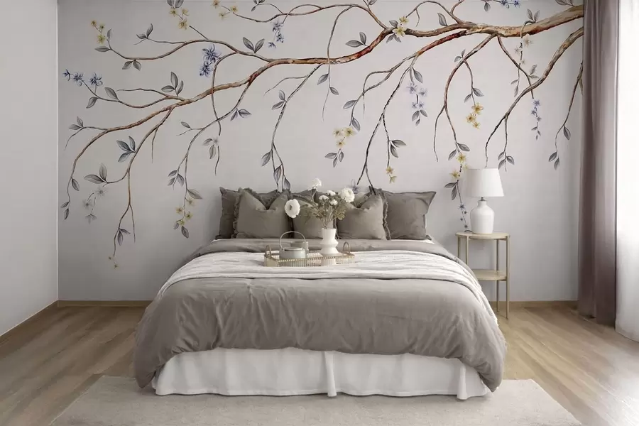 Fototapete Dünne Zweige mit kleinen Blüten vor hellem Hintergrund w05145