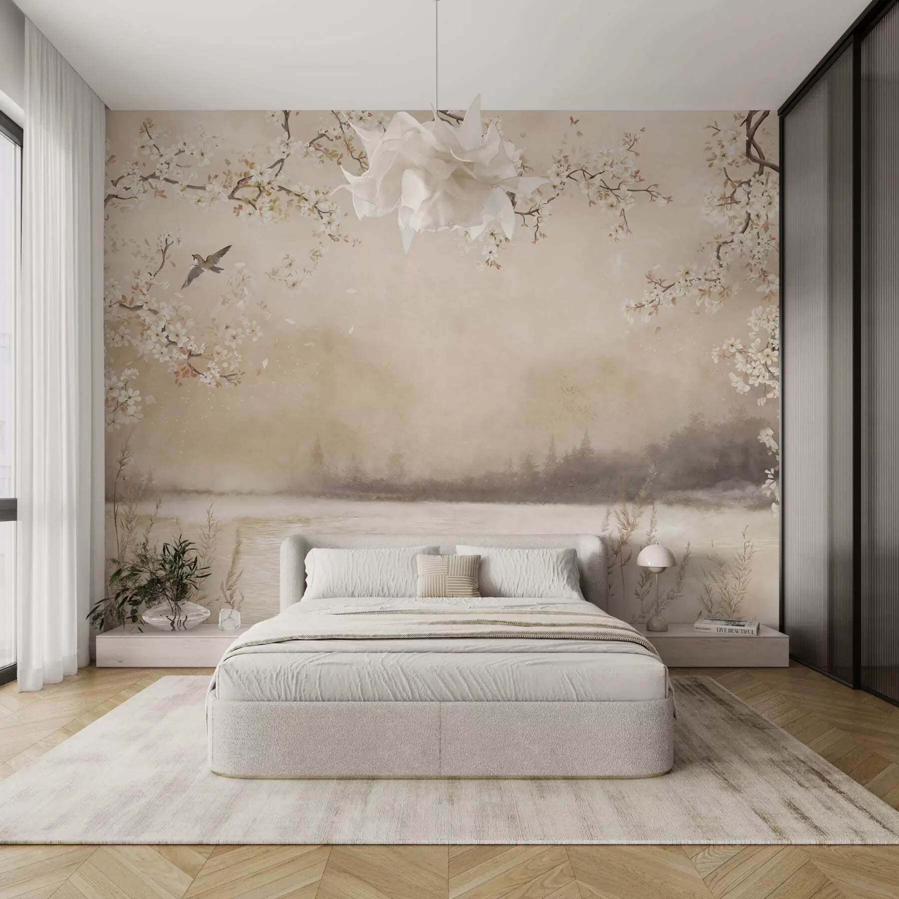 Fototapete Zarte blühende Zweige am See mit Vögeln im leichten Nebel w05155