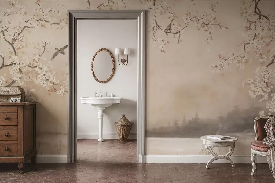 Fototapete Zarte blühende Zweige am See mit Vögeln im leichten Nebel w05155