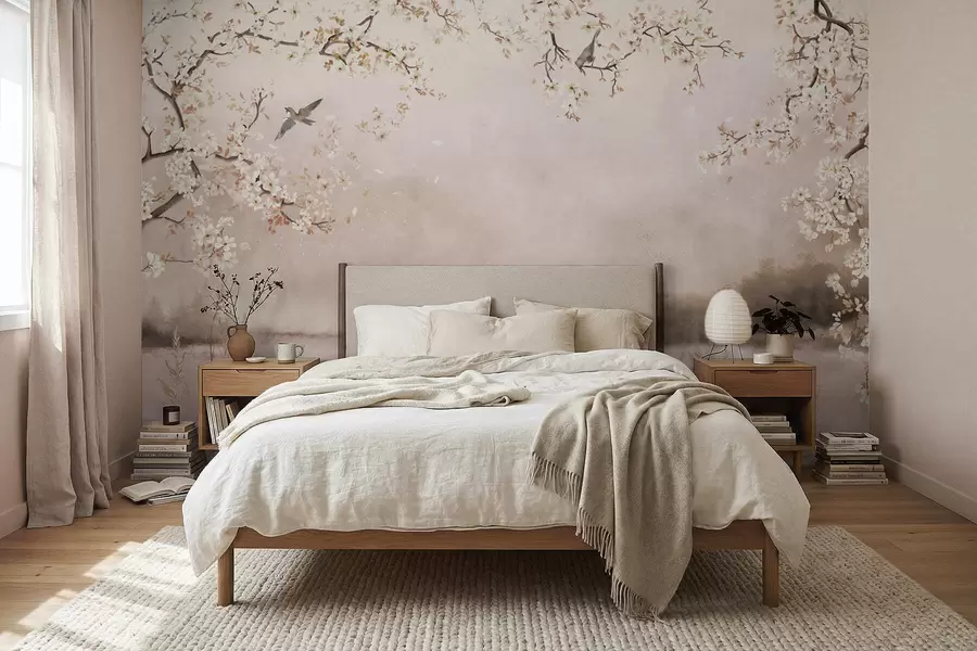 Fototapete Blühende Zweige über einem ruhigen See mit Vögeln im Nebel w05155v1