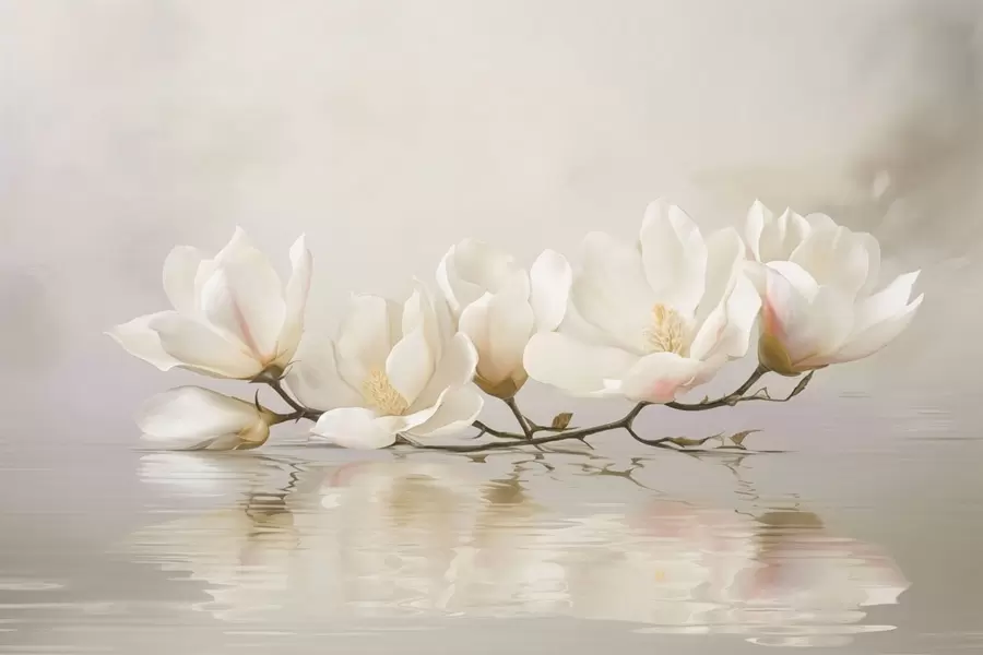 Fototapete Helle Magnolienblüten auf einem Ast über dem Spiegelbild des Wassers w05353
