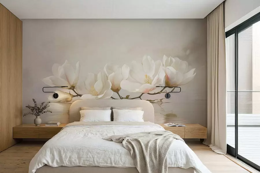 Fototapete Helle Magnolienblüten auf einem Ast über dem Spiegelbild des Wassers w05353