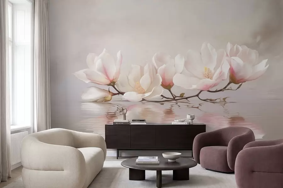 Fototapete Magnolienzweig mit Blüten über ruhigem Wasserreflex w05353v1