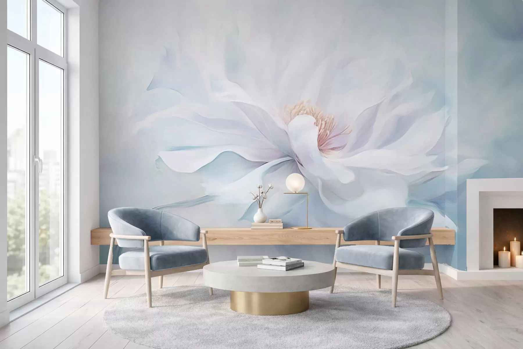 Fototapete Zarte weiße Blume mit fließenden Blütenblättern auf blauem Hintergrund w05354