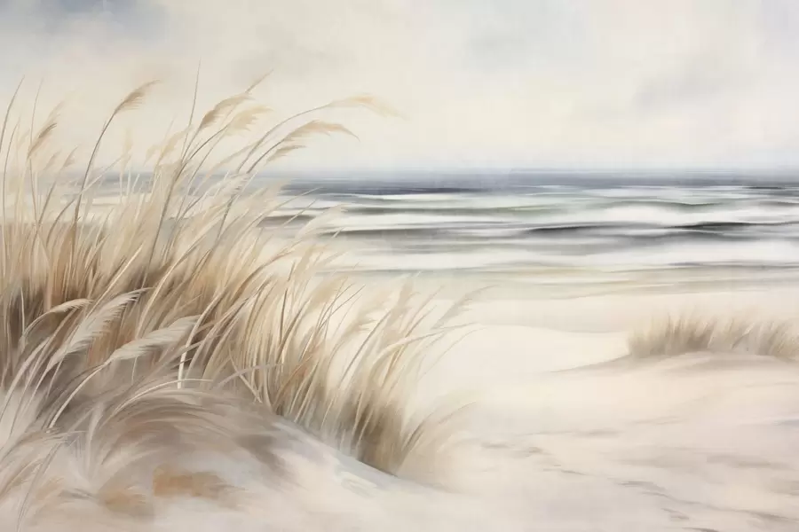 Fototapete Strukturierte Landschaft mit trockenem Gras an einem Sandstrand, mit dem Meer und dem Himmel im Hintergrund w09739