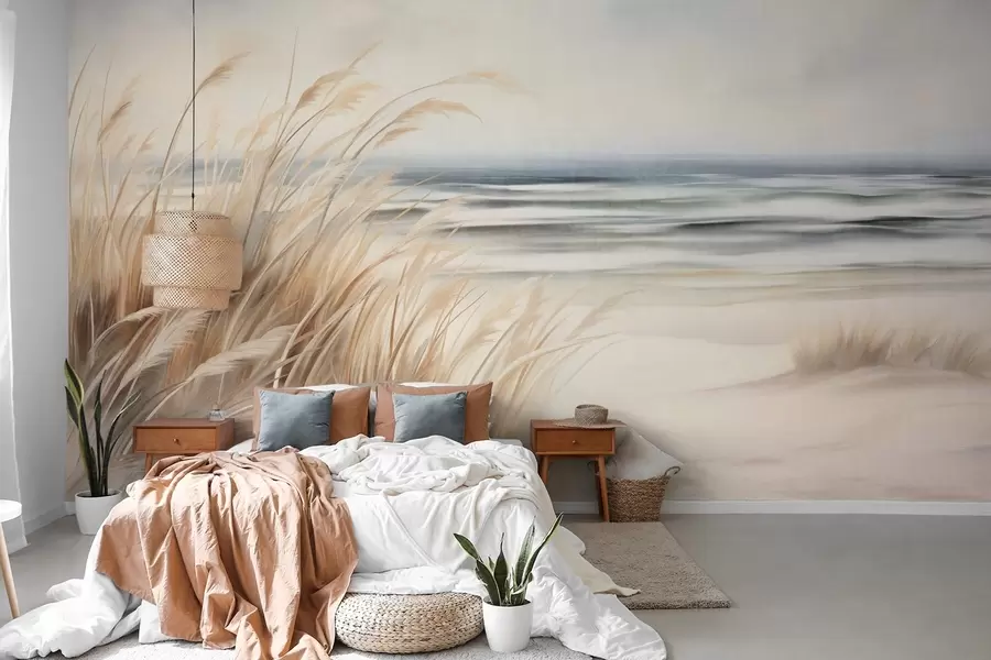 Fototapete Strukturierte Landschaft mit trockenem Gras an einem Sandstrand, mit dem Meer und dem Himmel im Hintergrund w09739