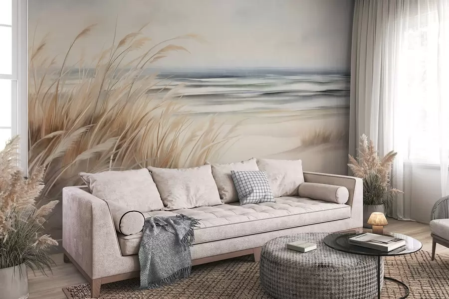 Fototapete Strukturierte Landschaft mit trockenem Gras an einem Sandstrand, mit dem Meer und dem Himmel im Hintergrund w09739