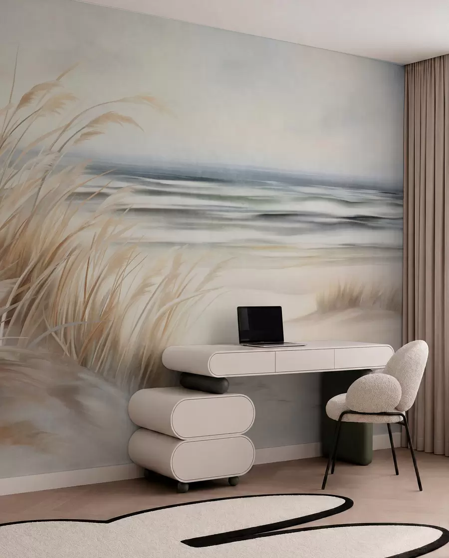 Fototapete Strukturierte Landschaft mit trockenem Gras an einem Sandstrand, mit dem Meer und dem Himmel im Hintergrund w09739