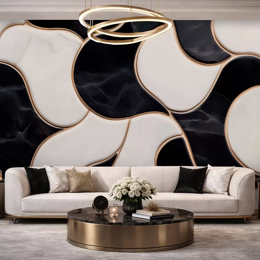 Fototapete Abstrakte Nachahmung einer Marmorkomposition in Schwarz- und Weißtönen mit gelben Linien w09733