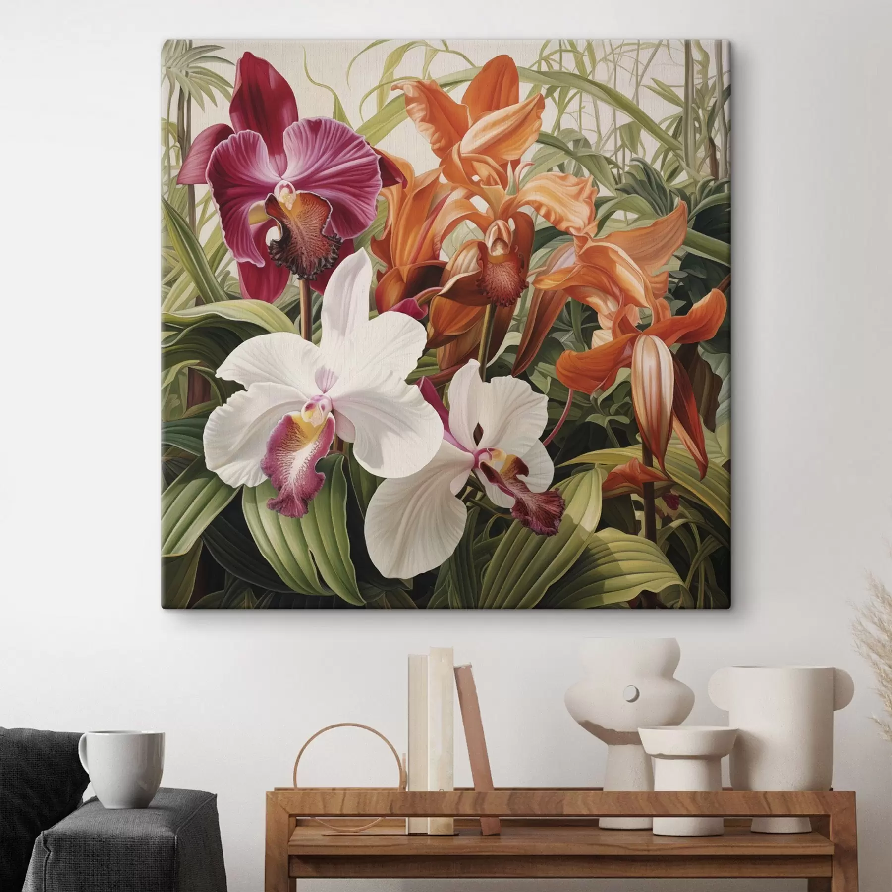Fototapete Ein Strauß tropischer Blumen, Orchideen mit grünem Laub im Hintergrund s48386