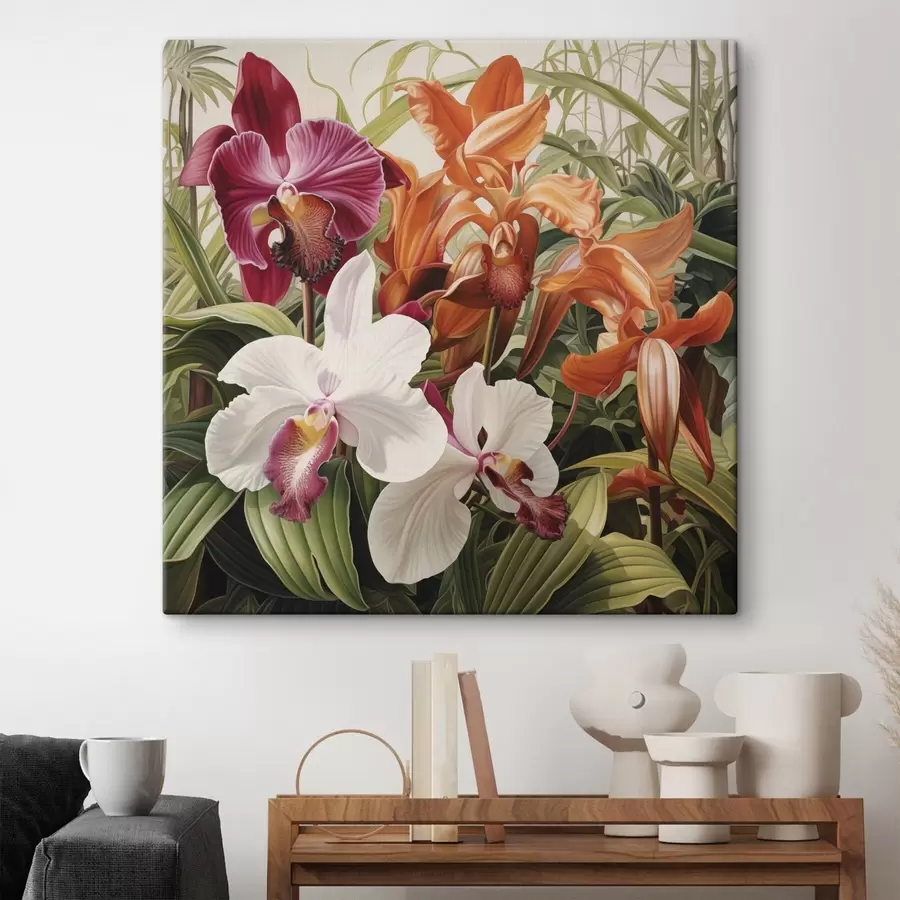 Fototapete Ein Strauß tropischer Blumen, Orchideen mit grünem Laub im Hintergrund s48386