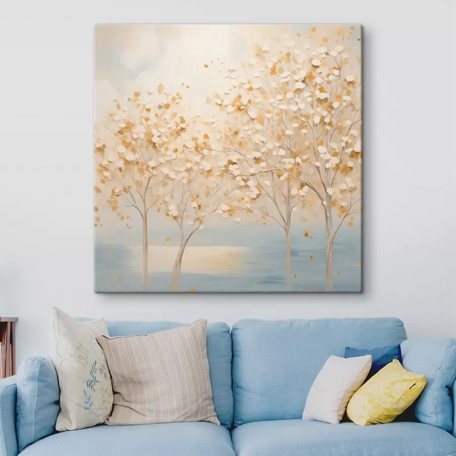 Fototapete Ein strukturierter Malstil, der Bäume mit weißen und gelben Blättern vor einem hellblauen Hintergrund zeigt s48392