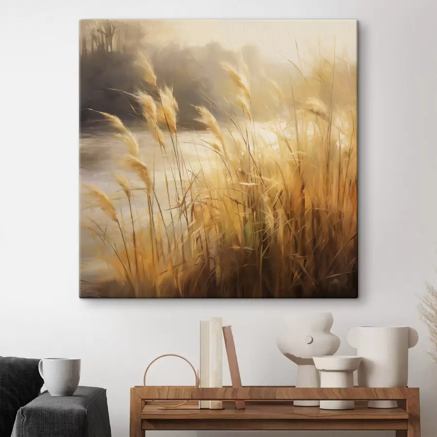 Fototapete Im Vordergrund hohes, trockenes Gras mit Ährchen, im Hintergrund ein See und Bäume s48394