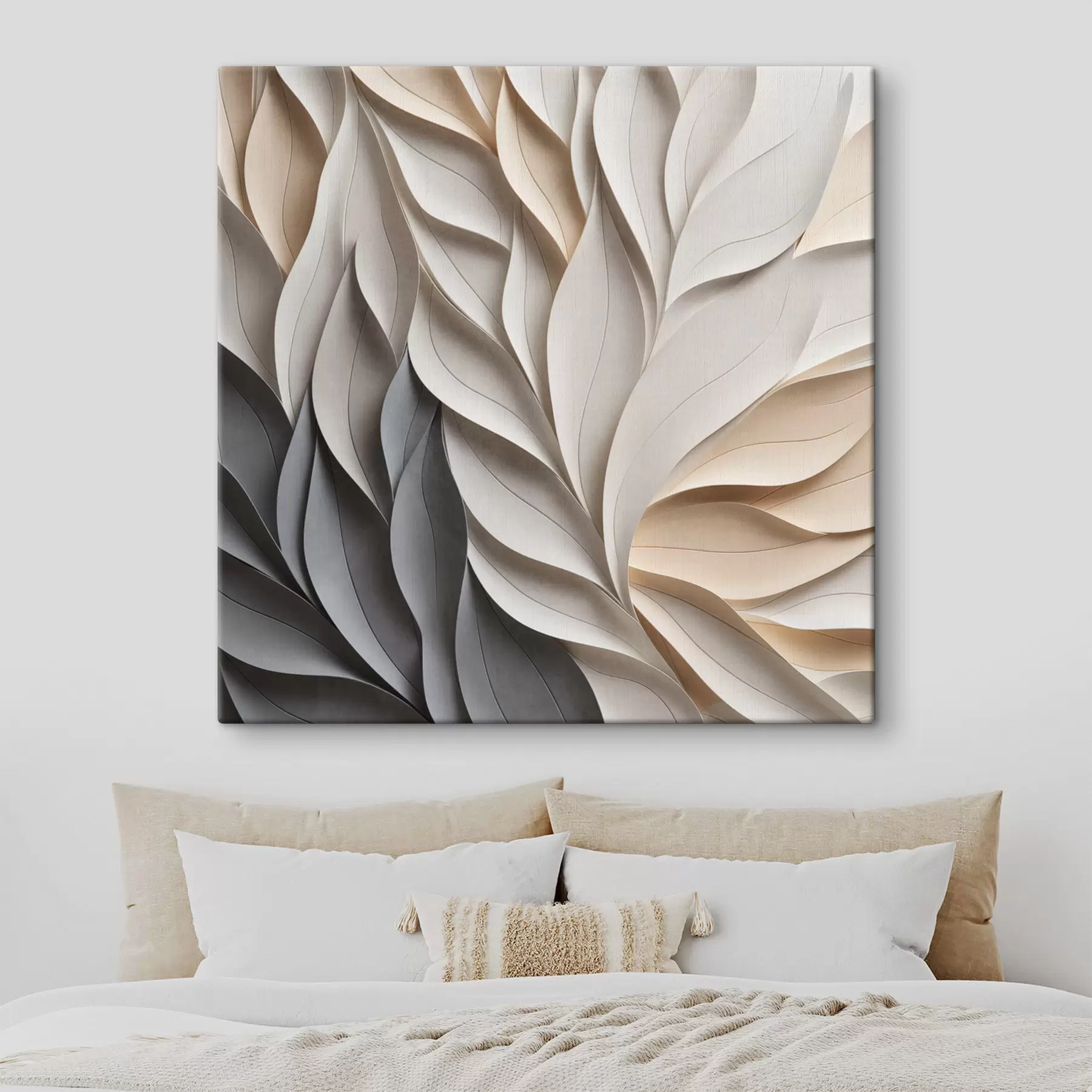 Fototapete Ein strukturiertes, sich überlappendes abstraktes Blattmuster in neutralen Beige-, Creme- und Grautönen s48407