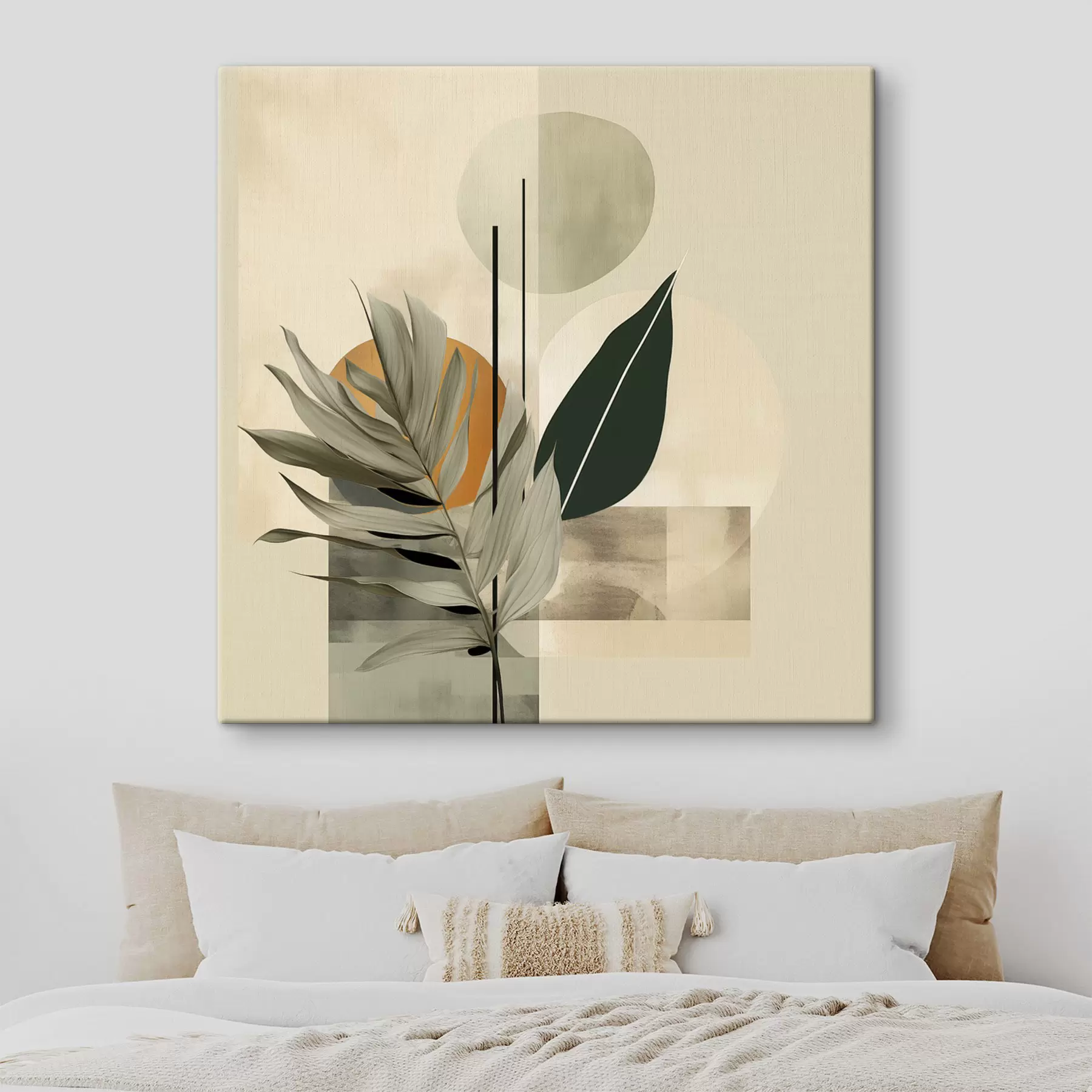 Fototapete Eine dunkelgrüne Pflanze mit abstrakten geometrischen Formen und Aquarellstrukturen in Beige und Grün s48410