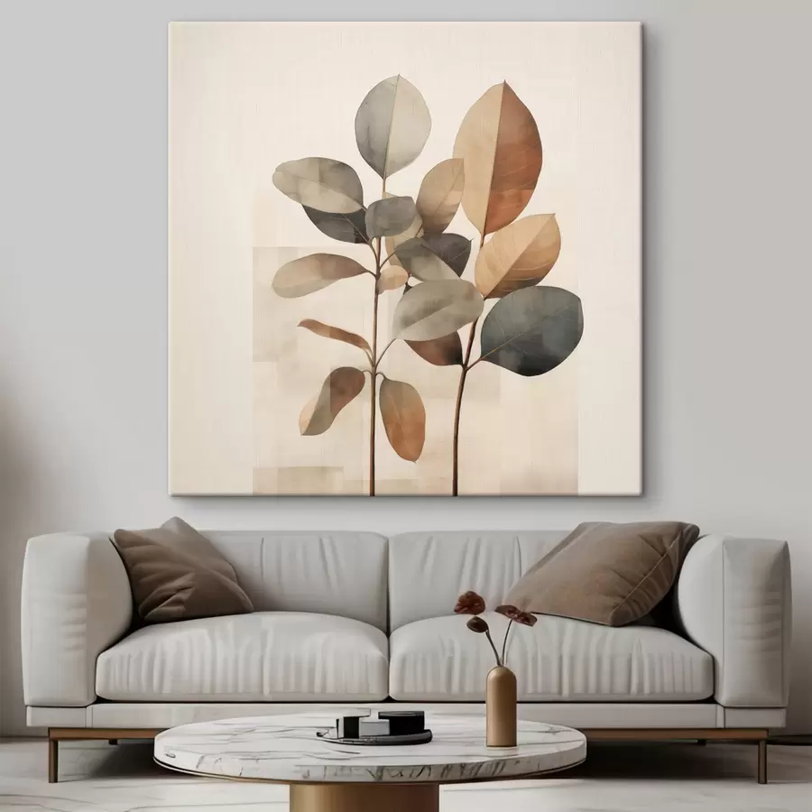 Fototapete Hohe Pflanzen mit ovalen Blättern in gedeckten Farbtönen und abstrakten rechteckigen Formen s48413