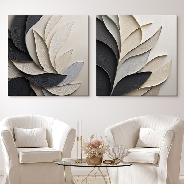 Wandbild Abstrakte Komposition aus übereinanderliegenden Blättern, geschwungenen Formen in Schwarz, Weiß, Wandbilder Mehrteilig, m30195 : Uwalls.de