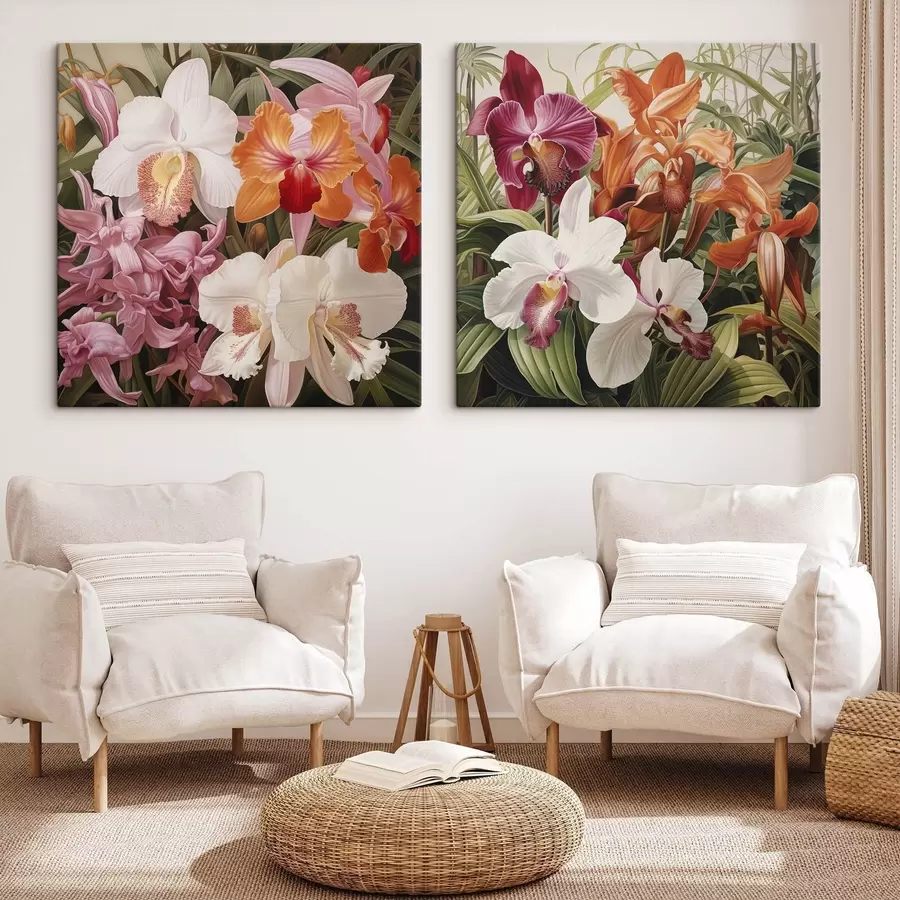 Fototapete Ein Strauß tropischer Blumen, Orchideen mit grünem Laub im Hintergrund m30197