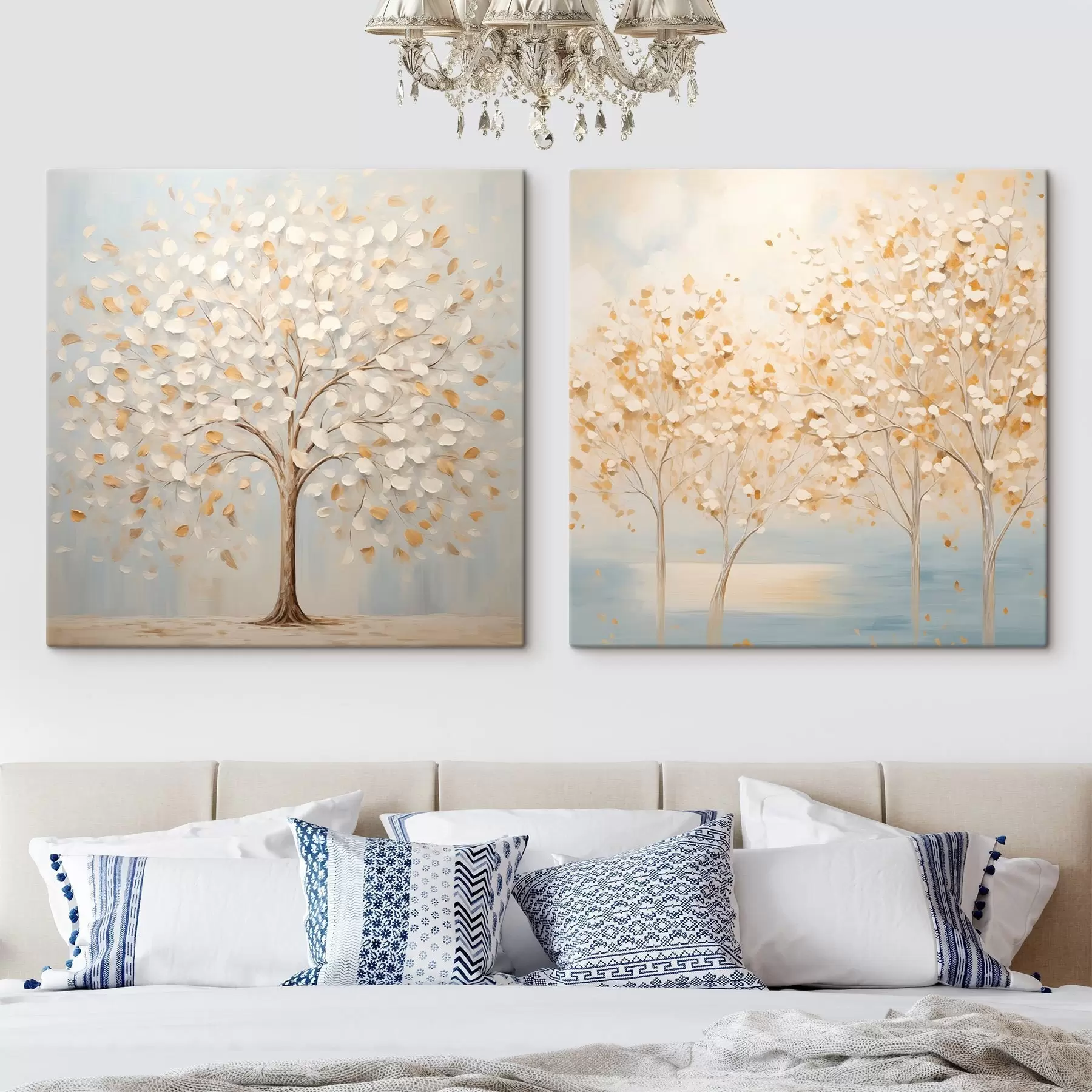 Fototapete Ein strukturierter Malstil, der Bäume mit weißen und gelben Blättern vor einem hellblauen Hintergrund zeigt m30200