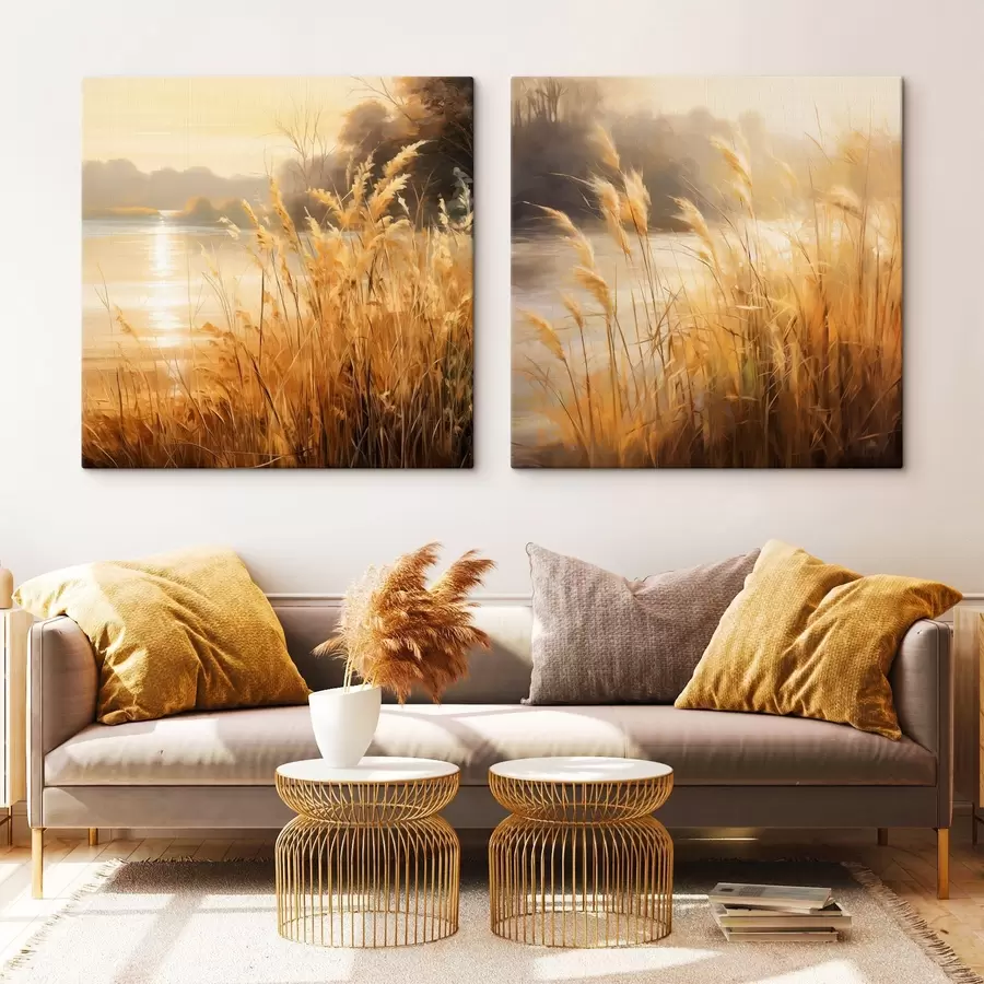 Fototapete Im Vordergrund hohes, trockenes Gras mit Ährchen, im Hintergrund ein See und Bäume m30201