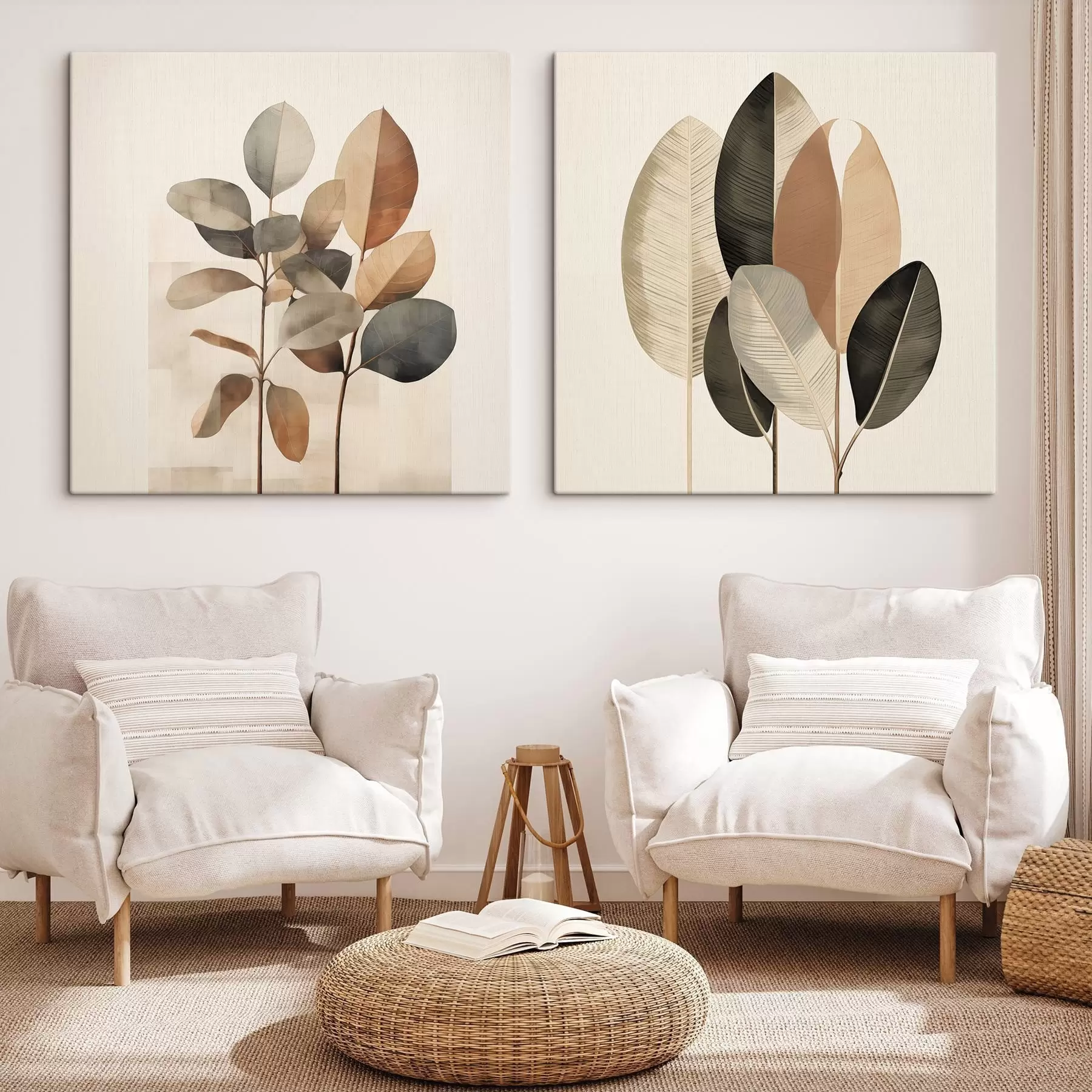 Fototapete Hohe Pflanzen mit ovalen Blättern in gedeckten Farbtönen und abstrakten rechteckigen Formen m30211