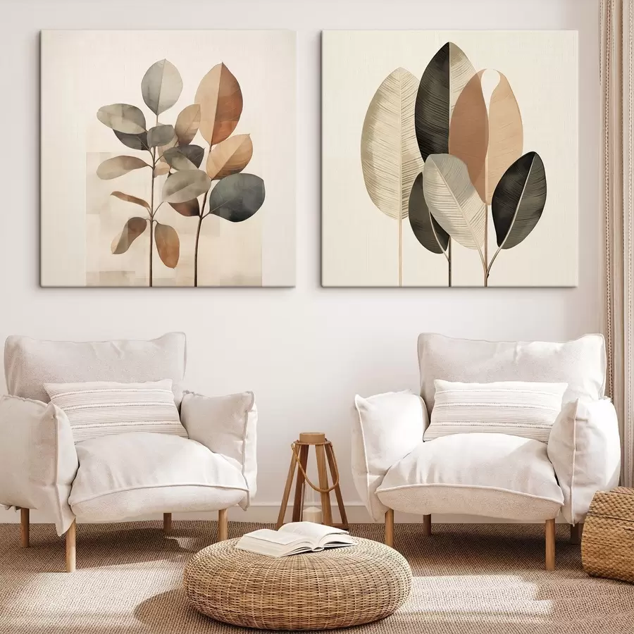 Fototapete Hohe Pflanzen mit ovalen Blättern in gedeckten Farbtönen und abstrakten rechteckigen Formen m30211