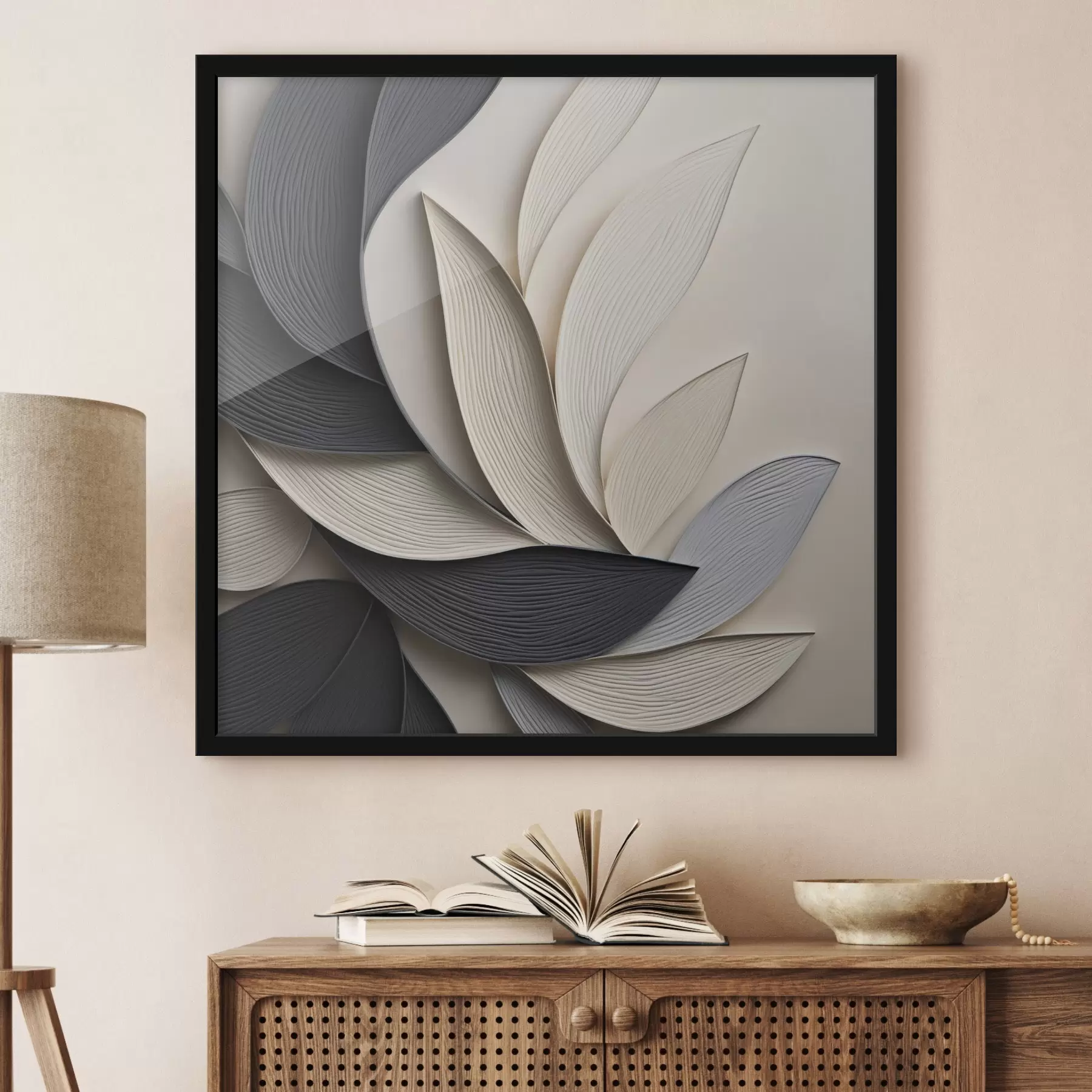 Fototapete Abstrakte Komposition aus übereinanderliegenden Blättern, geschwungenen Formen in Schwarz, Weiß und Beige, strukturierte Kunst f48381