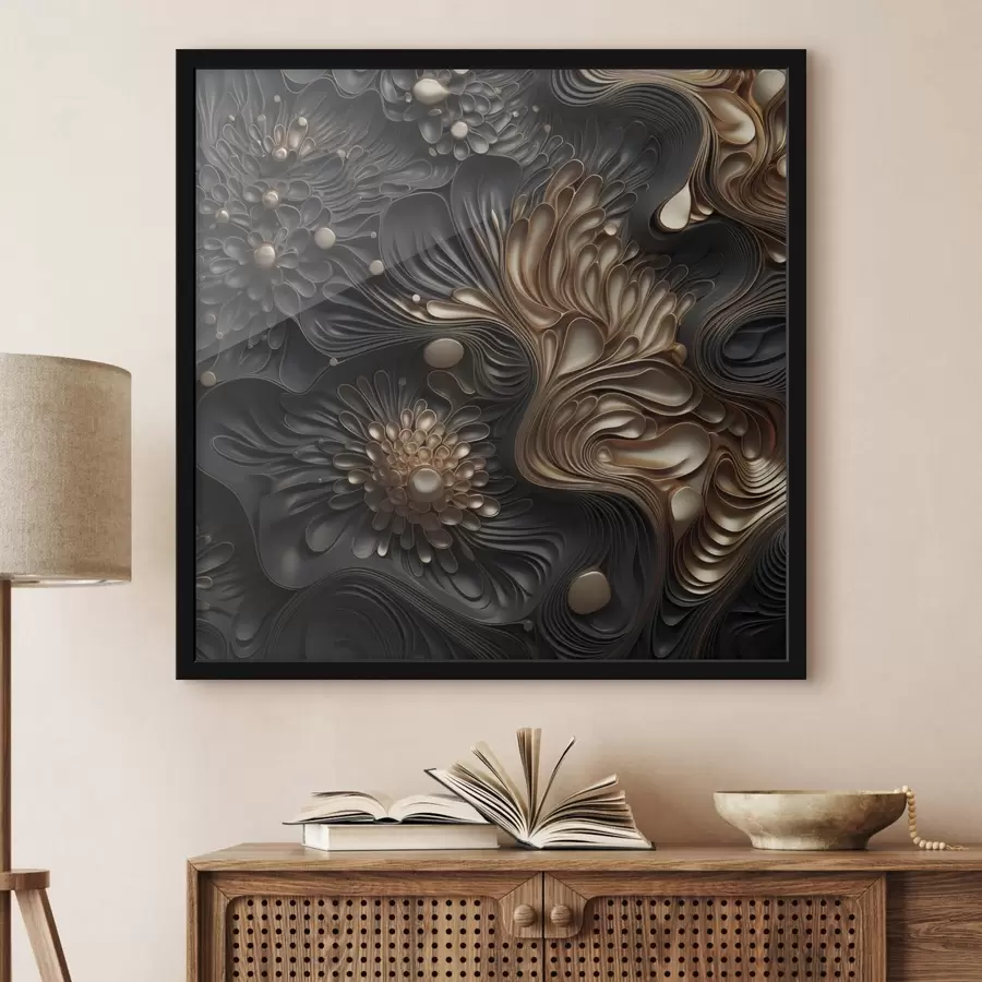 Fototapete Abstrakte, fließende, organische dunkle Formen, die ein strukturiertes Werk der modernen Kunst bilden f48384