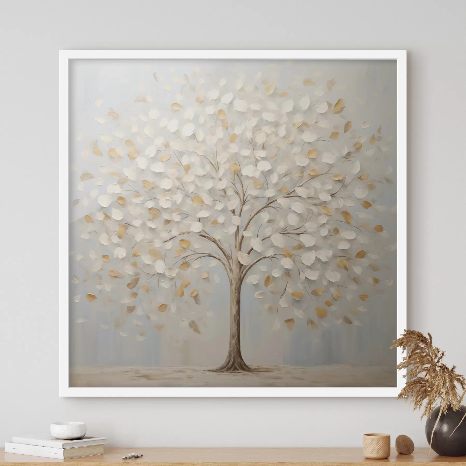 Fototapete Ein strukturierter Malstil, der einen Baum mit weißen und gelben Blättern vor einem hellblauen Hintergrund darstellt f48391
