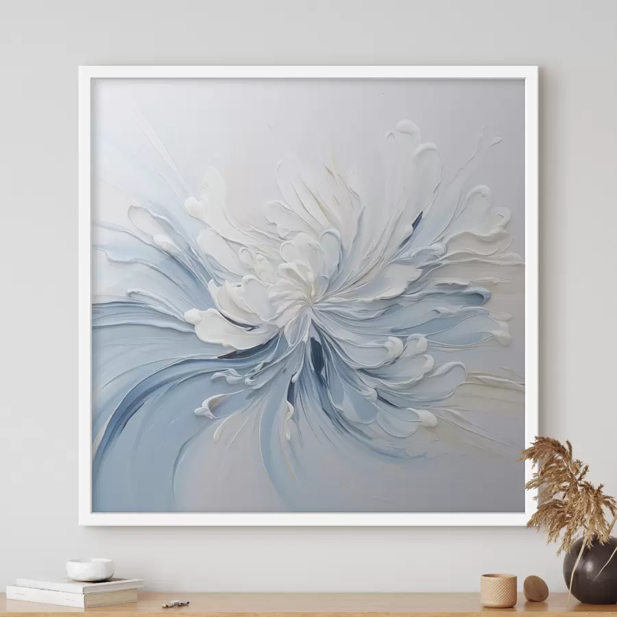 Fototapete Ein abstraktes Blumenmuster in Weiß und Hellblau mit strukturierten Blütenblättern und geschwungenen Linien f48396