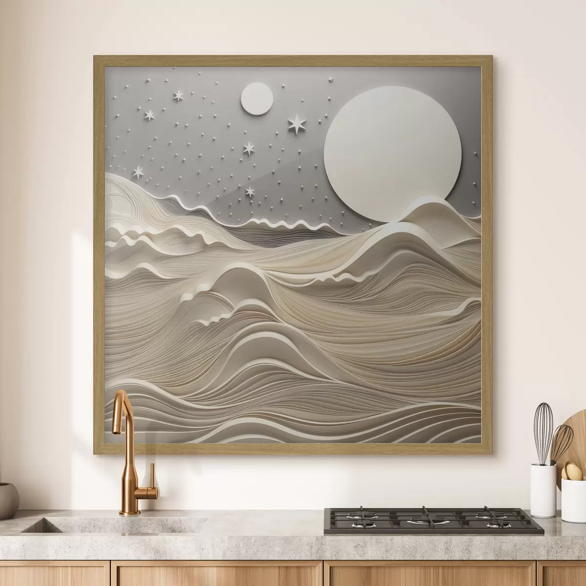Poster Eine minimalistisch stilisierte Landschaft mit sanften Hügeln und einem großen Mond am Sternenhimmel, abstrakte Kunst f48401