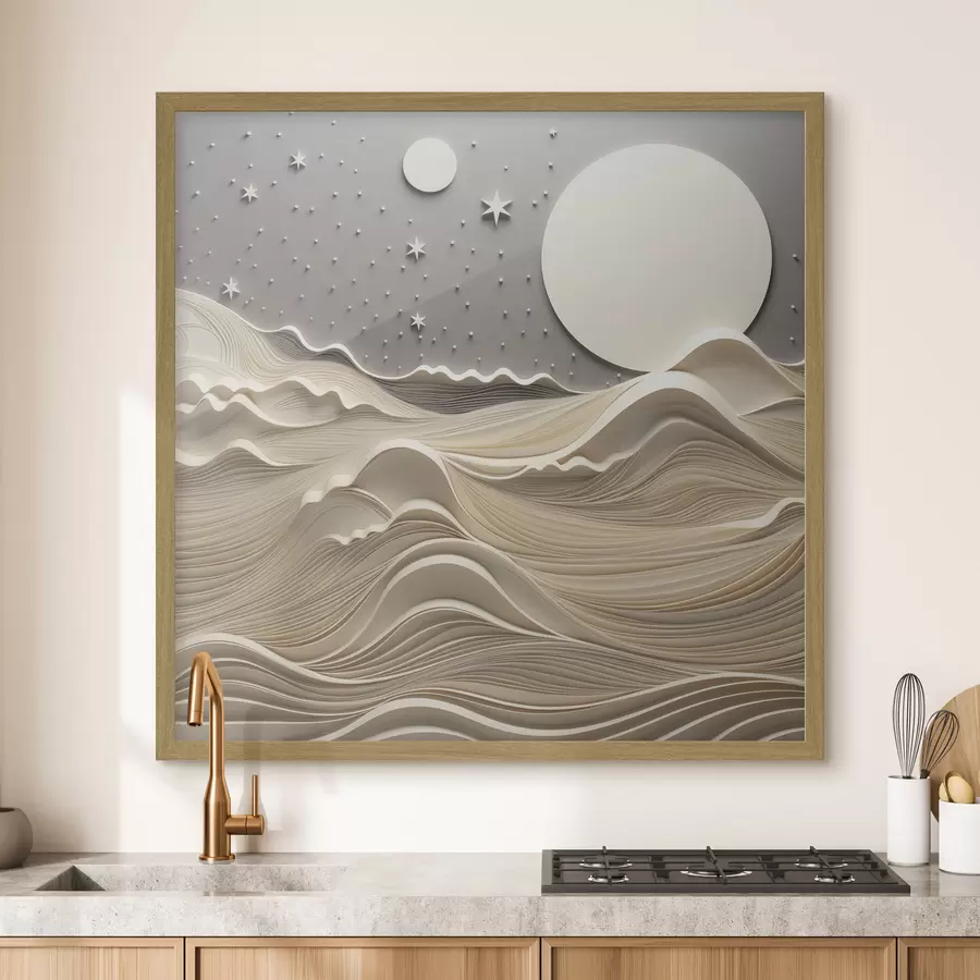 Fototapete Eine minimalistisch stilisierte Landschaft mit sanften Hügeln und einem großen Mond am Sternenhimmel, abstrakte Kunst f48401