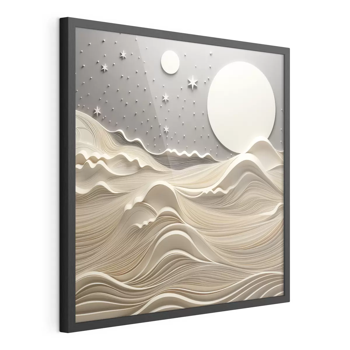 Poster Eine minimalistisch stilisierte Landschaft mit sanften Hügeln und einem großen Mond am Sternenhimmel, abstrakte Kunst f48401