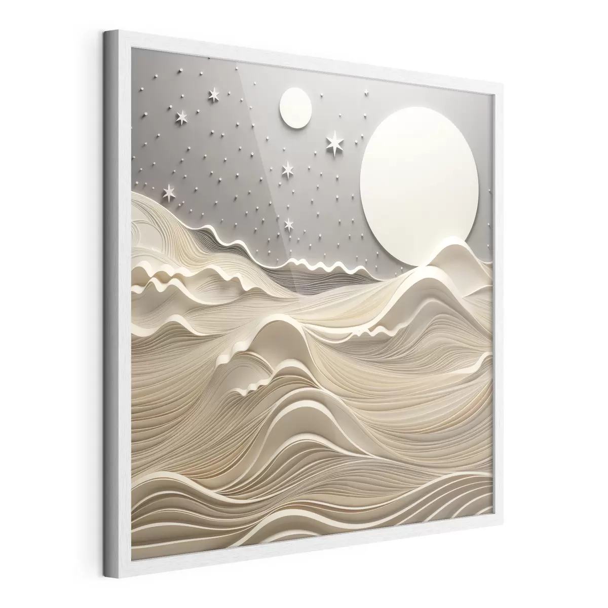 Poster Eine minimalistisch stilisierte Landschaft mit sanften Hügeln und einem großen Mond am Sternenhimmel, abstrakte Kunst f48401
