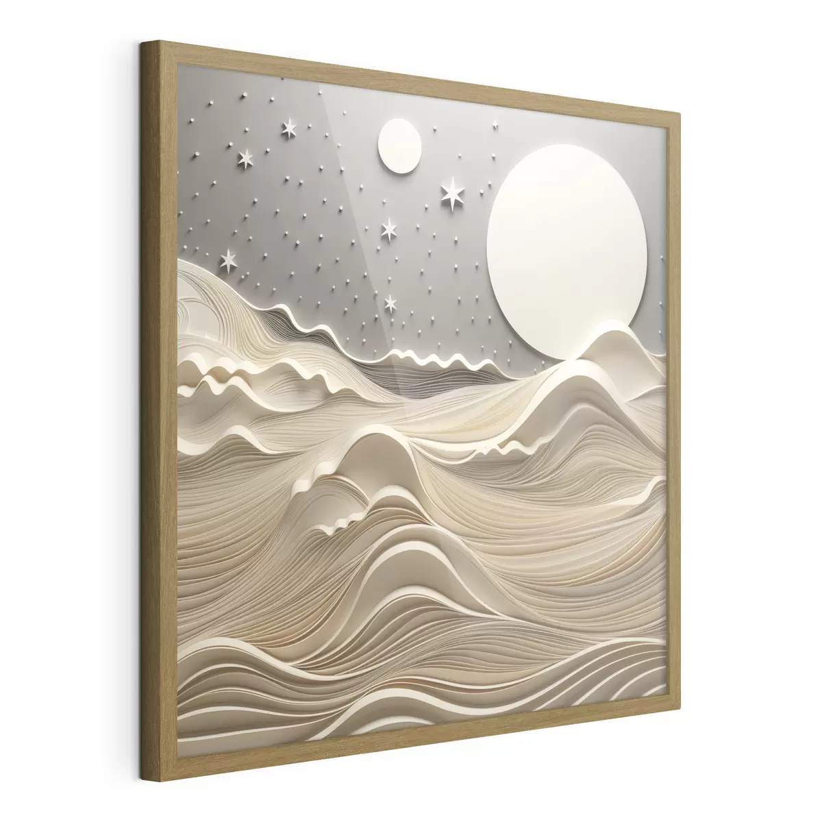 Poster Eine minimalistisch stilisierte Landschaft mit sanften Hügeln und einem großen Mond am Sternenhimmel, abstrakte Kunst f48401