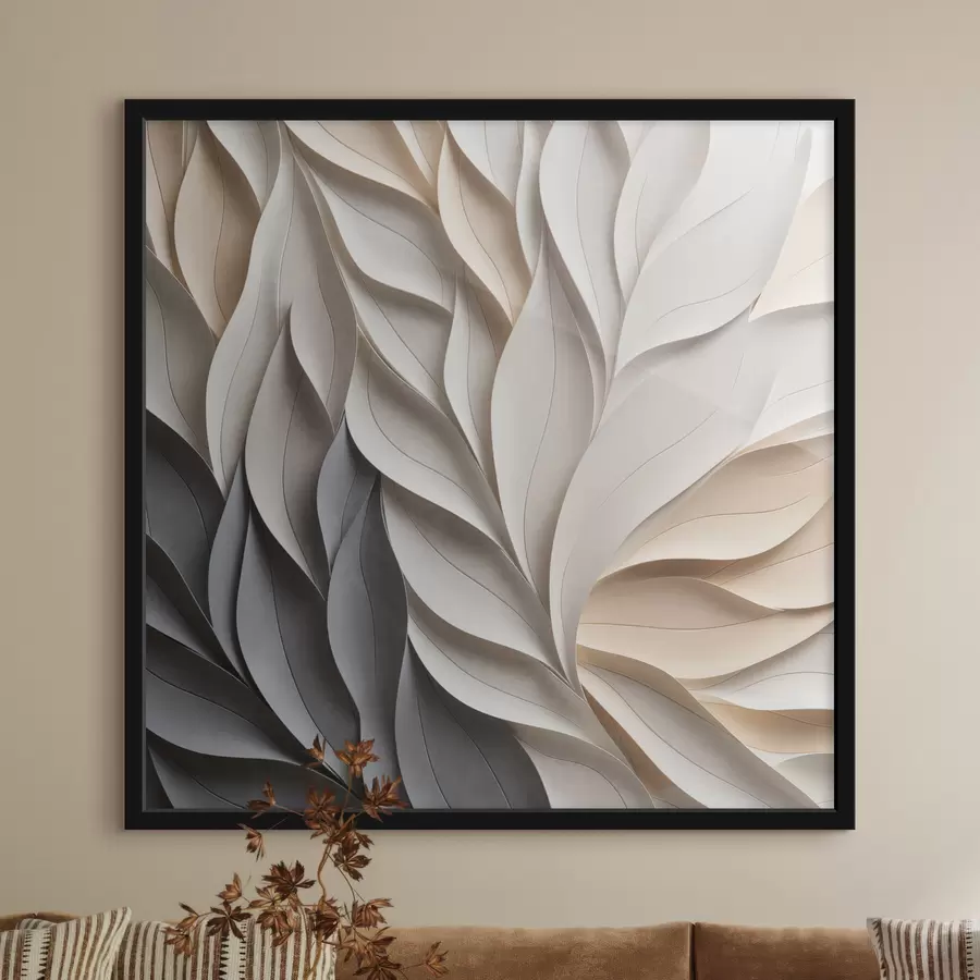 Fototapete Ein strukturiertes, sich überlappendes abstraktes Blattmuster in neutralen Beige-, Creme- und Grautönen f48407