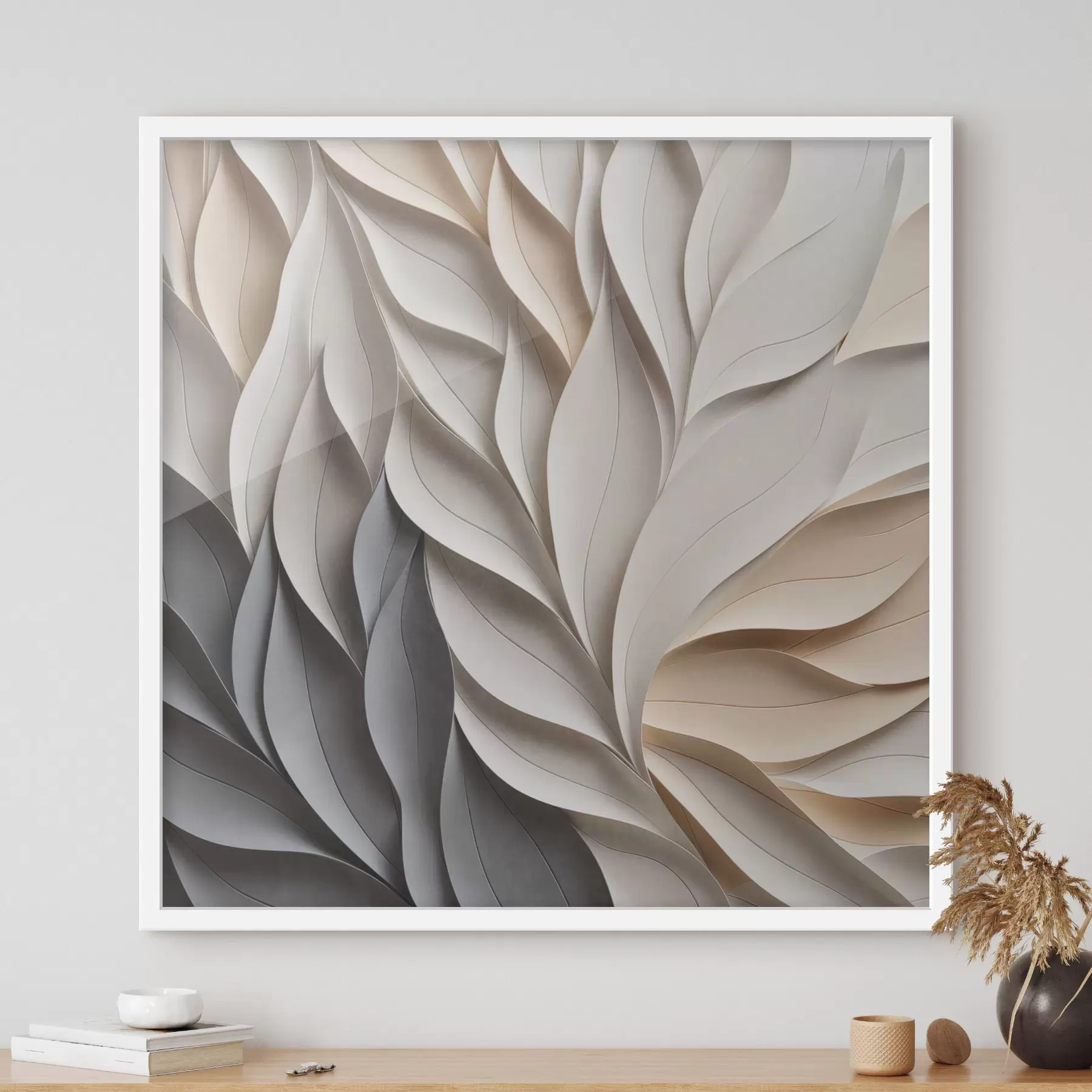 Fototapete Ein strukturiertes, sich überlappendes abstraktes Blattmuster in neutralen Beige-, Creme- und Grautönen f48407
