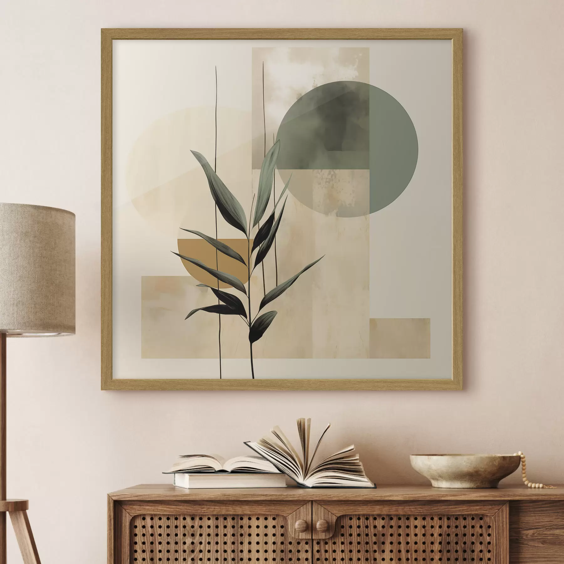 Fototapete Eine dunkelgrüne Pflanze mit abstrakten geometrischen Formen und Aquarellstrukturen in Beige und Grün f48409