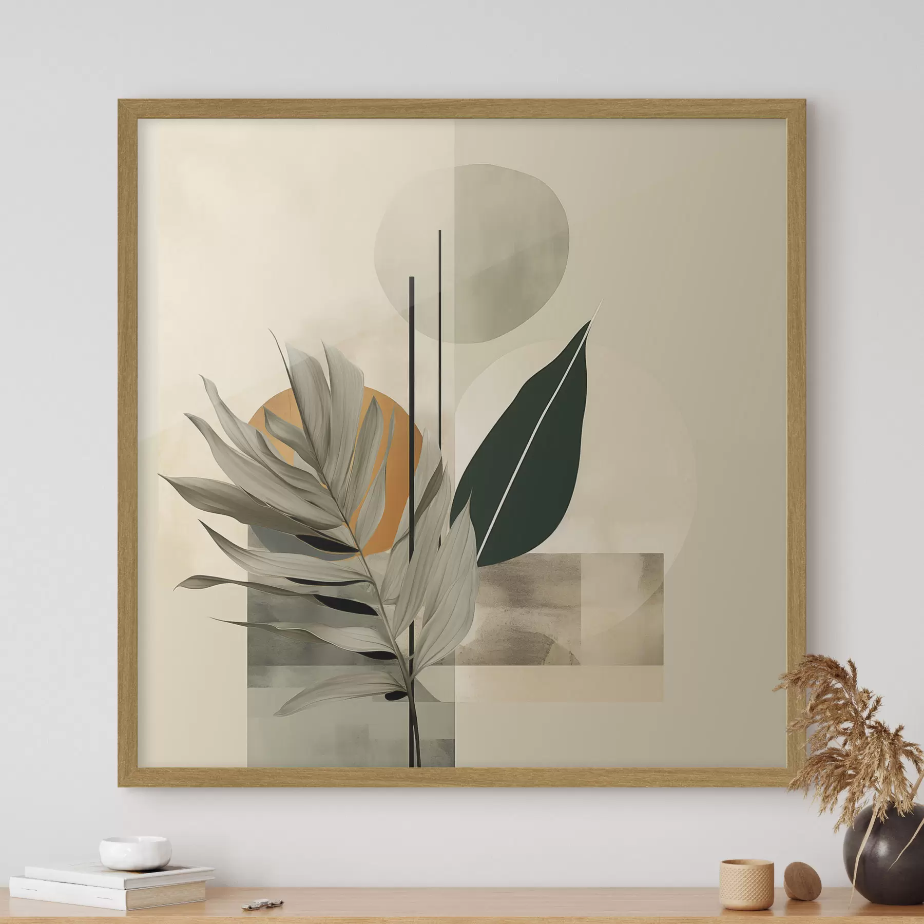 Fototapete Eine dunkelgrüne Pflanze mit abstrakten geometrischen Formen und Aquarellstrukturen in Beige und Grün f48410