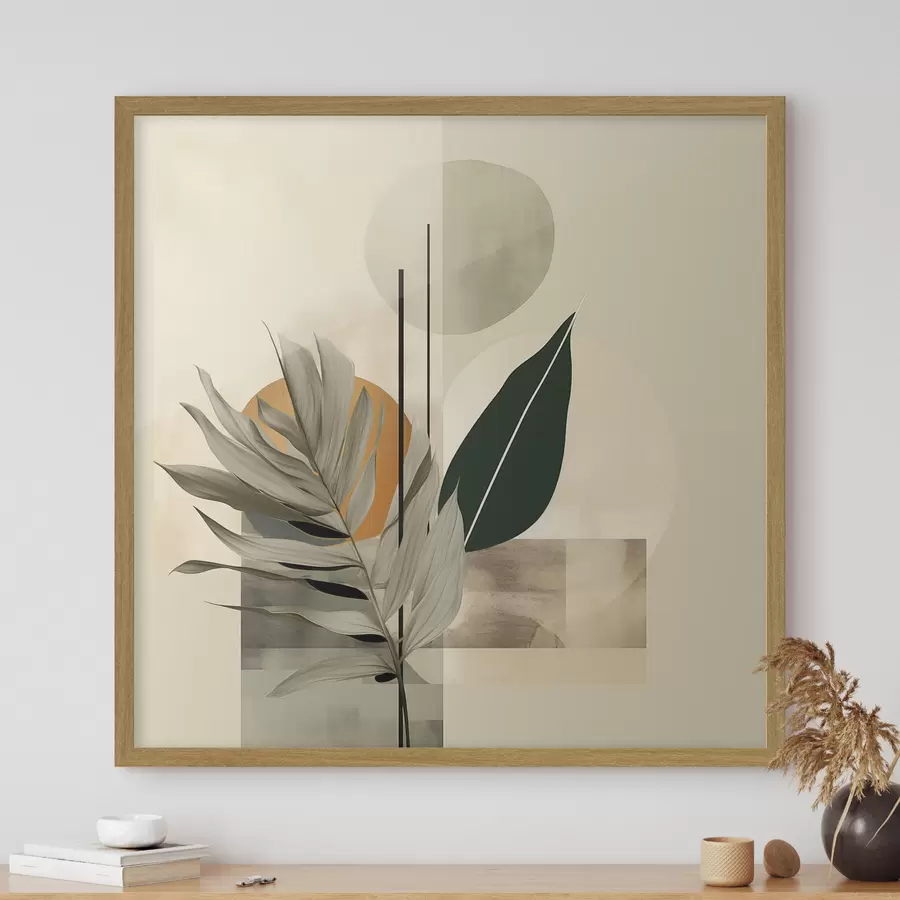 Fototapete Eine dunkelgrüne Pflanze mit abstrakten geometrischen Formen und Aquarellstrukturen in Beige und Grün f48410