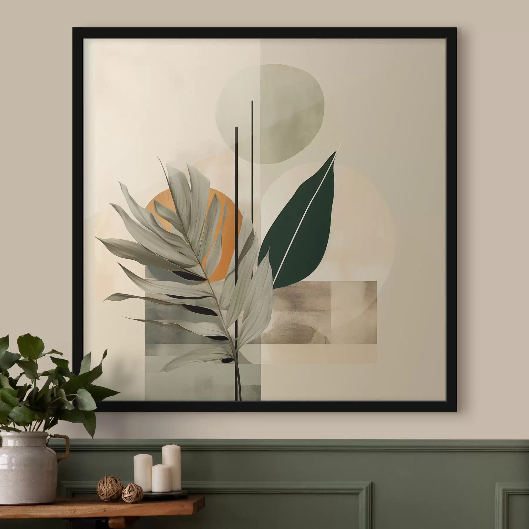 Fototapete Eine dunkelgrüne Pflanze mit abstrakten geometrischen Formen und Aquarellstrukturen in Beige und Grün f48410