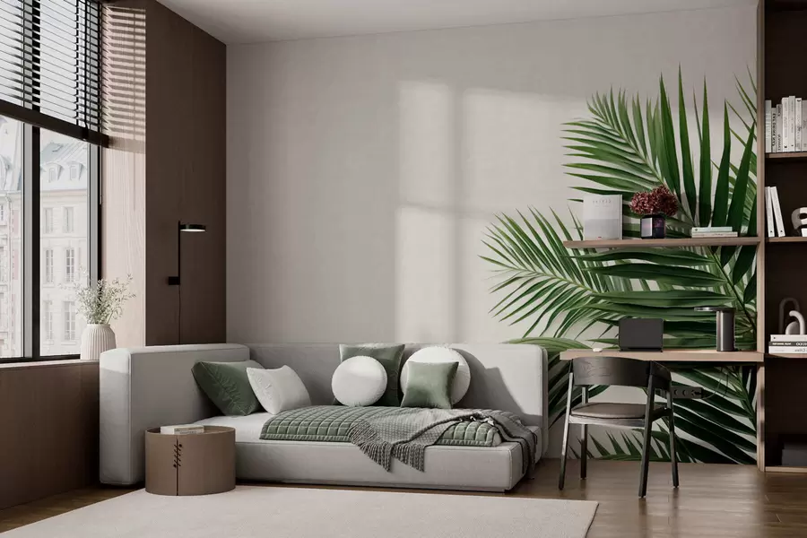 Fototapete Grüne Palmblätter auf hellem Hintergrund w05391