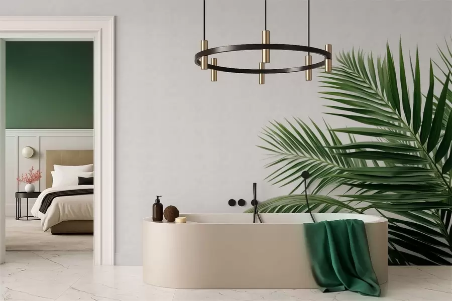 Fototapete Grüne Palmblätter auf hellem Hintergrund w05391