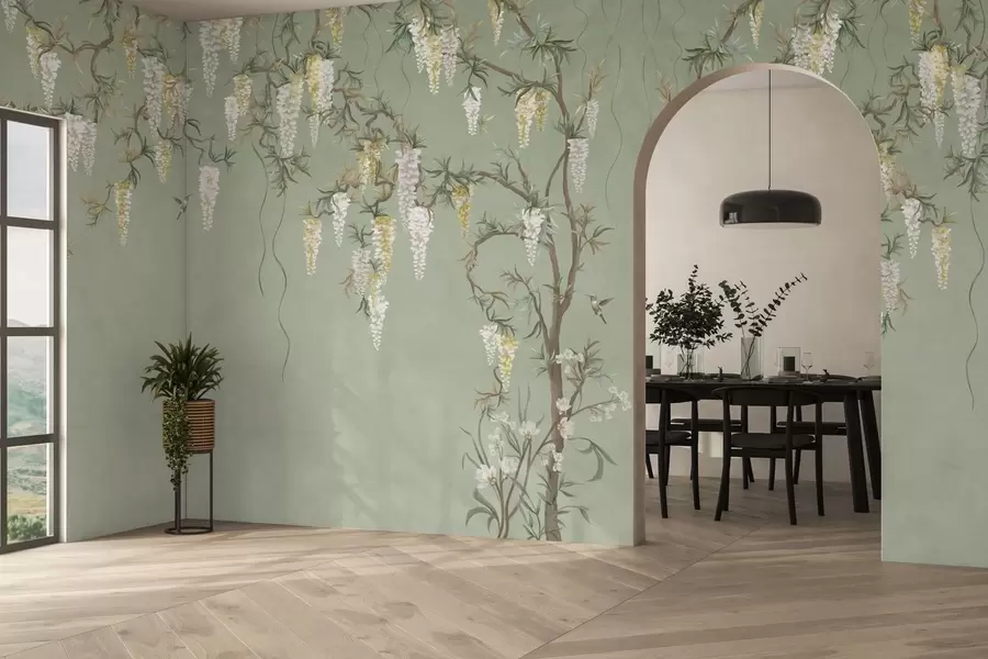 Fototapete Blühende Zweige mit weißen Blüten und Vögeln auf grünem Hintergrund w05394