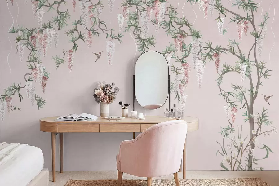 Fototapete Blühende Zweige mit rosa Blüten und Vögeln w05394v1