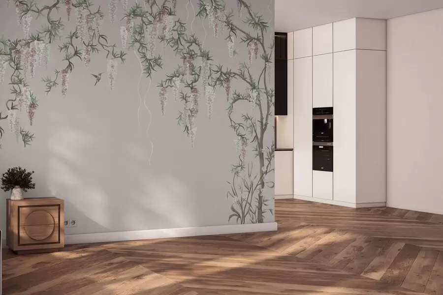 Fototapete Blühende Zweige mit rosa Blüten und Vögeln w05394v1