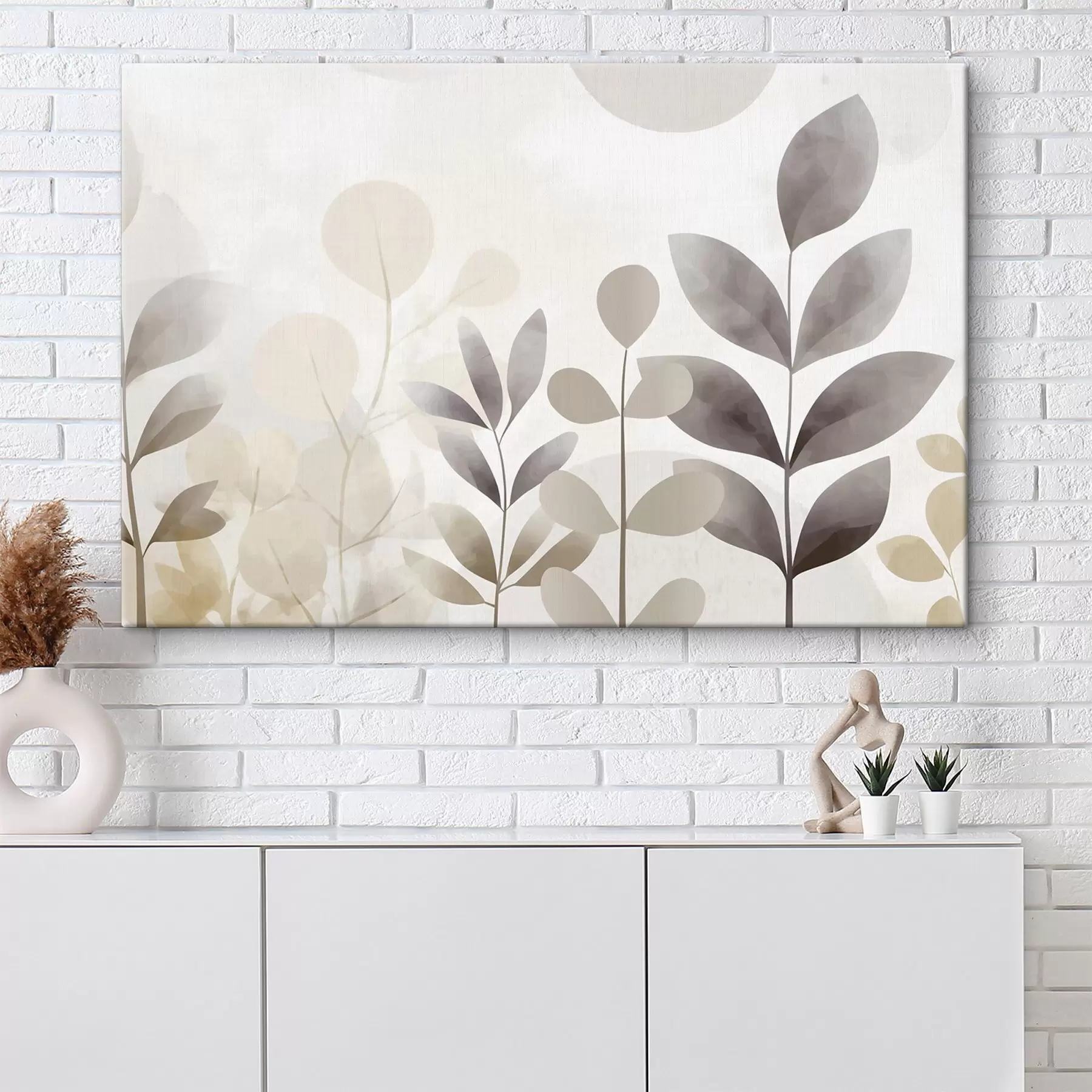 Fototapete Beige- und graue Blatt-Silhouetten, Minimalismus s48487